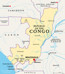 Republic of the Congo, political map. Also known as the Congo, is a country located on the western coast of Central Africa, to the west of the Congo River, with the capital Brazzaville. Vector.