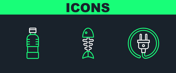 Set line Electric plug, Bottle of water and Fish skeleton icon. Vector