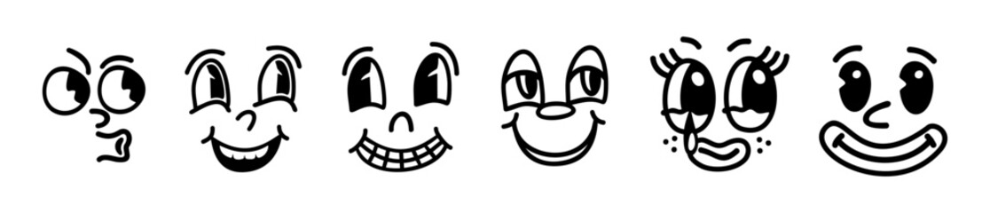 Cute retro cartoon character face set isolated on white background. Trendy 50s groovy faces. Various facial expressions.