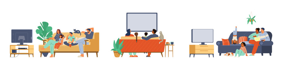 Different families with kids and pets watching TV together on the sofa vector illustrations set.