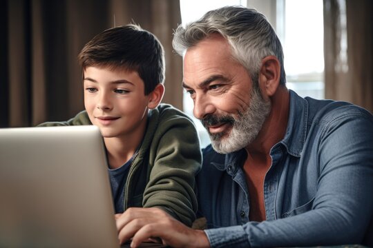 shot of a happy father and son looking at something on the laptop together