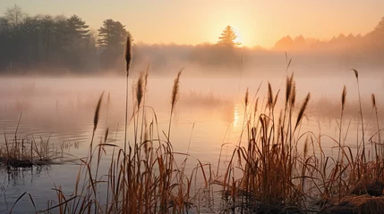 Foto auf Acrylglas Morgen mit Nebel Misty morning on a swampy lake, cattails in the foreground, layers of fog, mystical atmosphere