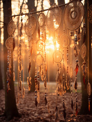 Native American Dreamcatchers, ethereal watercolor style, hanging in a forest at twilight, illuminated by the setting sun, warm earth tones