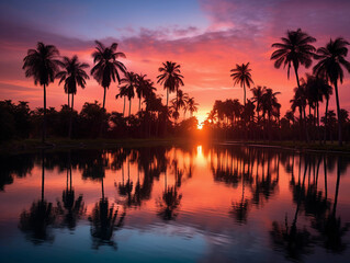 Naklejka premium Sunset over a tropical lake, vibrant pink and orange sky reflected in the water, palm trees silhouetted against the sky