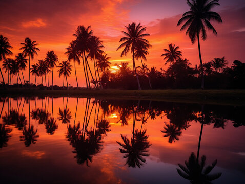 Sunset over a tropical lake, vibrant pink and orange sky reflected in the water, palm trees silhouetted against the sky
