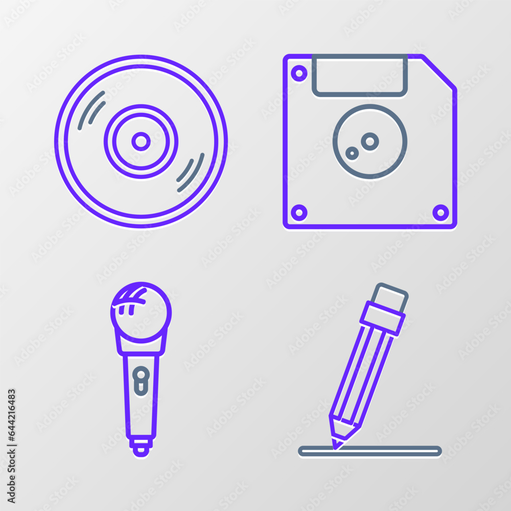 Poster set line pencil with eraser, microphone, floppy disk for computer data storage and vinyl icon. vecto