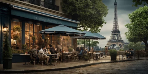 Store enrouleur Paris French café culture, outdoor Parisian café, people sipping coffee and reading newspapers, Eiffel Tower faint in background, Sony A9, FE 24 - 70mm, f/ 2. 8, overcast sky, diffused light