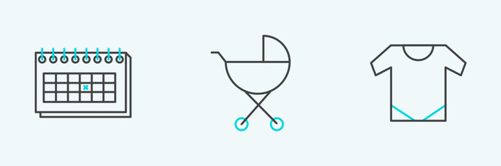 Set line Baby onesie, Calendar and stroller icon. Vector