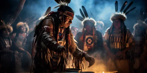Papier Peint photo autocollant Coloré Native American powwow, dancers in elaborate regalia, drum circle in background, sage smudge smoke