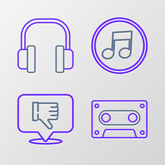 Set line Retro audio cassette tape, Dislike in speech bubble, Music note, tone and Headphones icon. Vector