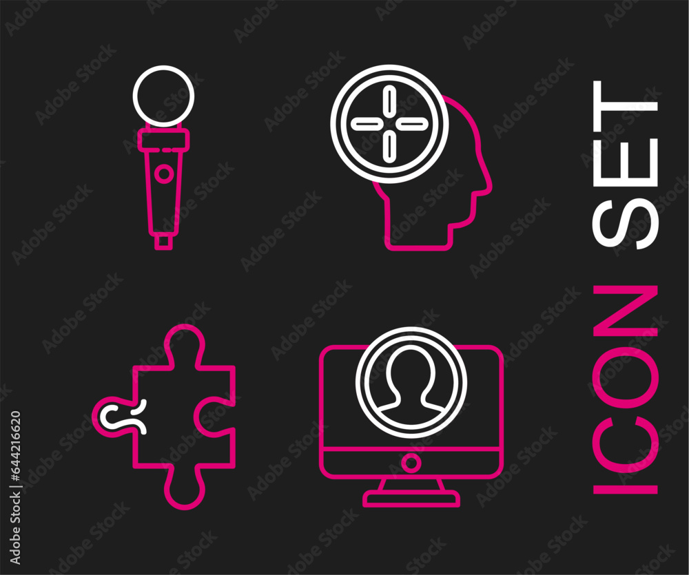 Poster set line create account screen, piece of puzzle, head hunting concept and joystick for arcade machin