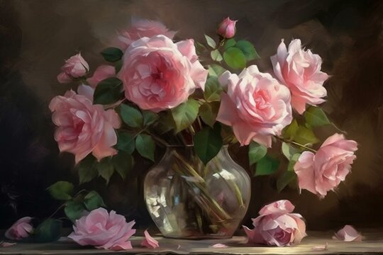 Stunning pink roses in a vase, oil painting suitable for print. Bring the garden's beauty to your walls with this digital art piece. Perfect as printable home decor for your bedroom. Generative AI