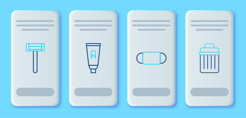 Set line Tube of toothpaste, Medical protective mask, Shaving razor and Trash can icon. Vector