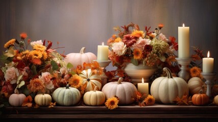 Naklejka na ściany i meble a Thanksgiving-themed background in soft, light colors, adorned with elements like pumpkins, autumn leaves, and candles. The scene conveys the peaceful ambiance of a holiday gathering.