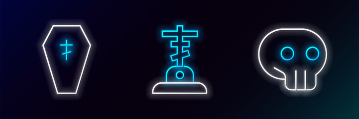Set line Skull, Coffin with cross and Grave icon. Glowing neon. Vector