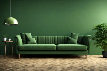Green sofa with table on green wall and wooden flooring