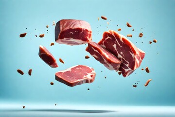Meat in plate suspended in midair with light blue background