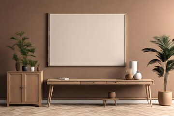 Mockup frame on cabinet in living room interior on empty brown wall background