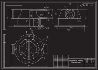 
Vector drawing of a steel mechanical part with through holes.
Engineering cad scheme. Technical background.