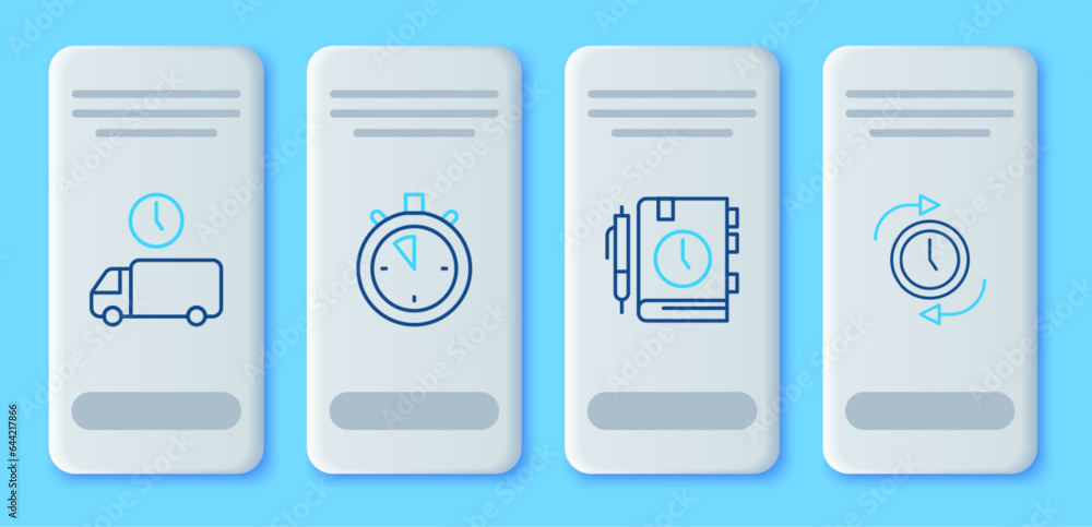 Aufkleber set line stopwatch, daily paper notepad, delivery time and clock with arrow icon. vector