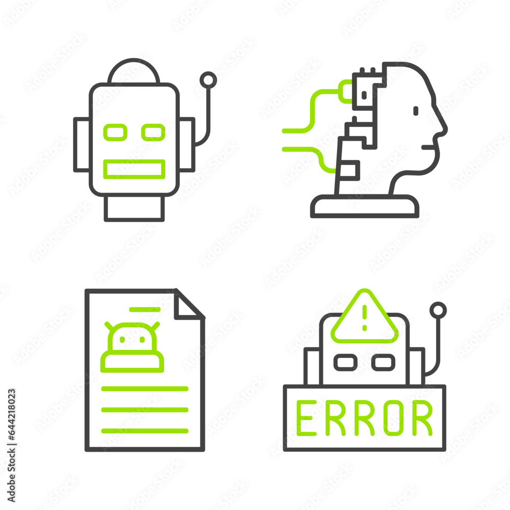 Poster set line error in robot, technical specification, robot for maintenance and icon. vector