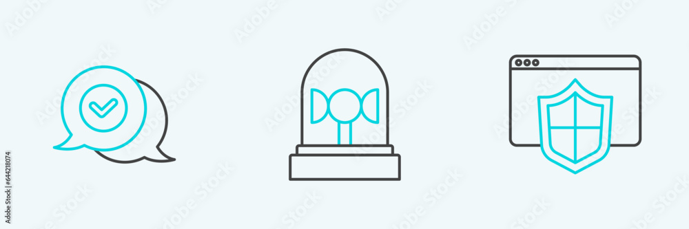 Poster set line browser with shield, check mark in speech bubble and flasher siren icon. vector