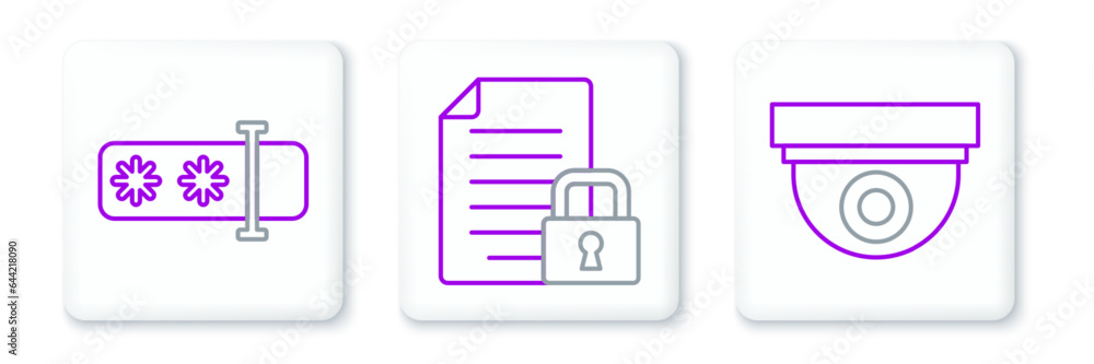 Poster set line security camera, password protection and document and lock icon. vector