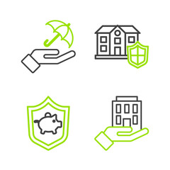 Set line House in hand, Piggy bank with shield, and Umbrella icon. Vector