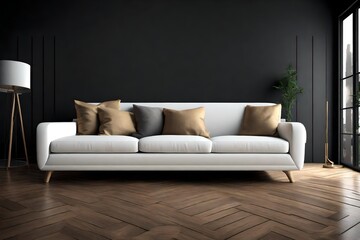 White sofa with table on black wall and wooden flooring