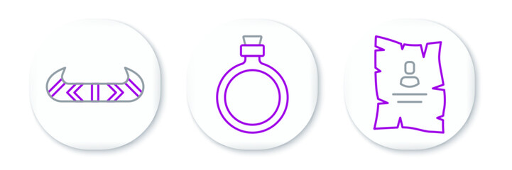 Set line Wanted western poster, Kayak or canoe and paddle and Canteen water bottle icon. Vector