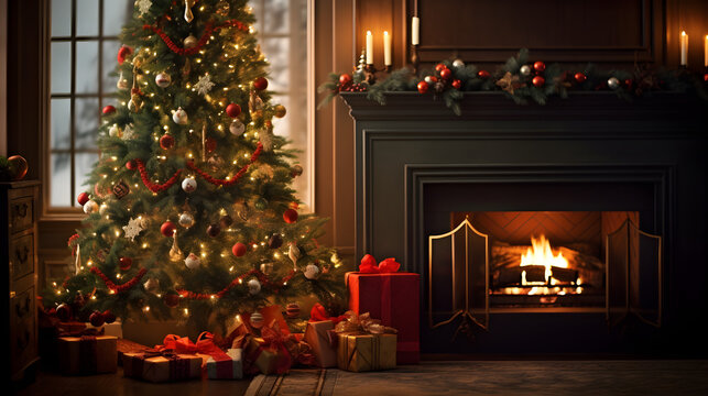 Christmas tree with candles and fireplace cozy livingroom winter interior design