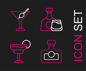 Set line Alcohol drink Rum, Cocktail, Whiskey bottle and glass and Martini icon. Vector