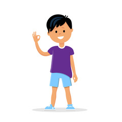 Ok cheerful boy in shorts and purple t-shirt waving his hand. Little schoolboy character. Vector illustration isolated on white background - obrazy, fototapety, plakaty