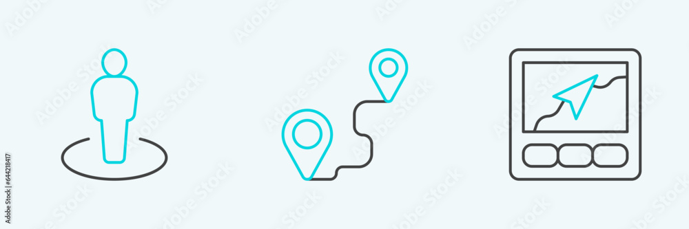 Poster set line gps device with map, location person and route location icon. vector