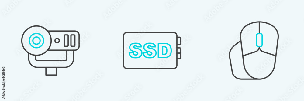 Poster set line computer mouse, web camera and ssd card icon. vector