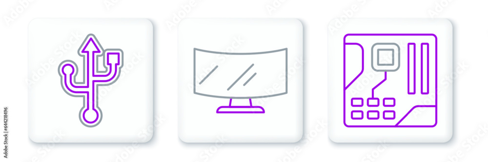 Poster set line motherboard digital chip, usb and computer monitor screen icon. vector