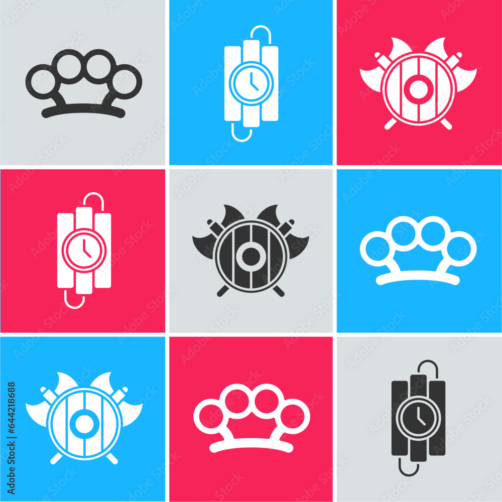Poster set brass knuckles, dynamite stick and timer clock and medieval shield with crossed axes icon. vecto
