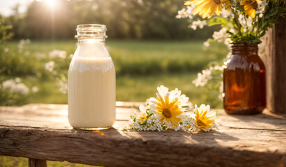 Fototapeta na wymiar Natural farm cow's milk, outdoors, flowers