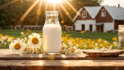 Natural farm cow's milk, outdoors, flowers