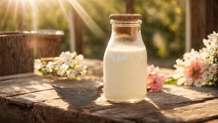 Obraz na płótnie Canvas Natural farm cow's milk, outdoors, flowers