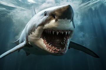3D white shark predator, head-on view. Generative AI