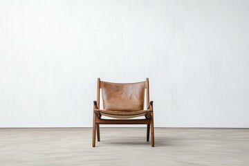 A solitary wooden and leather chair against a plain white backdrop. Generative AI