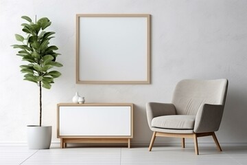 Modern living room with a poster frame, wooden commode, book, leaf in a vase, and elegant personal accessories. Minimalist home decor concept. Generative AI