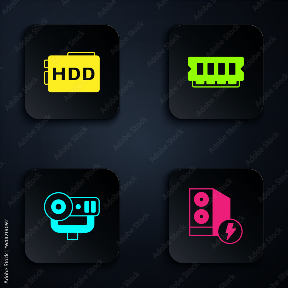 Poster set case of computer, hard disk drive hdd, web camera and ram, random access memory. black square bu