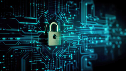 Fototapeta premium Encrypted files on computer or server lock icon on electronic circuit. Generative AI