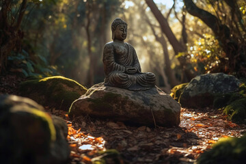 Spiritual calmness and awakening. Religion travel esoterics concept. Statue sculpture of ancient Buddha in morning a forest. Zen spiritual ritual meditating white face of brown Buddha green background