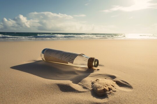 An image depicting a bottled message lying on a sandy beach. Generative AI