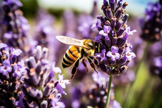 A bee is pictured closely on a lavender flower. Generative AI