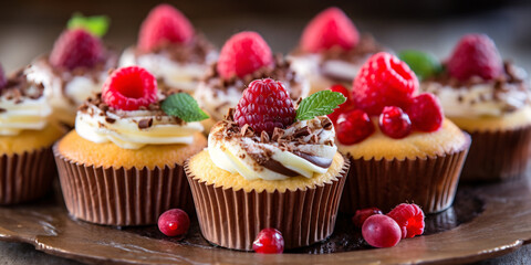 Delectable desserts and sweet. Cupcakes with raspberries and chocolate on a wooden background