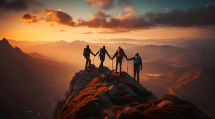 Teamwork concept with friends holding hands close to mountain top, Generative Ai illustration